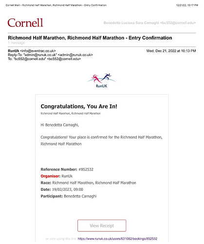 Cornell Mail - Richmond Half Marathon, Richmond Half Marathon - Entry Confirmation